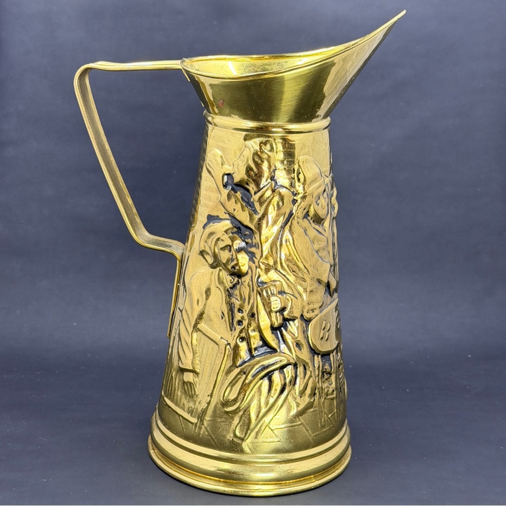 Vintage Brass Metal Tin Pitcher Embossed Pub Scene Made in England 9” Decor - Picture 3 of 9